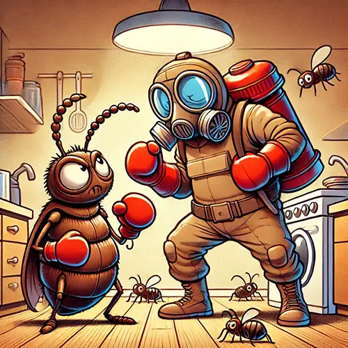 caricature de boxe entre cafard et un professionnel en désinfestation